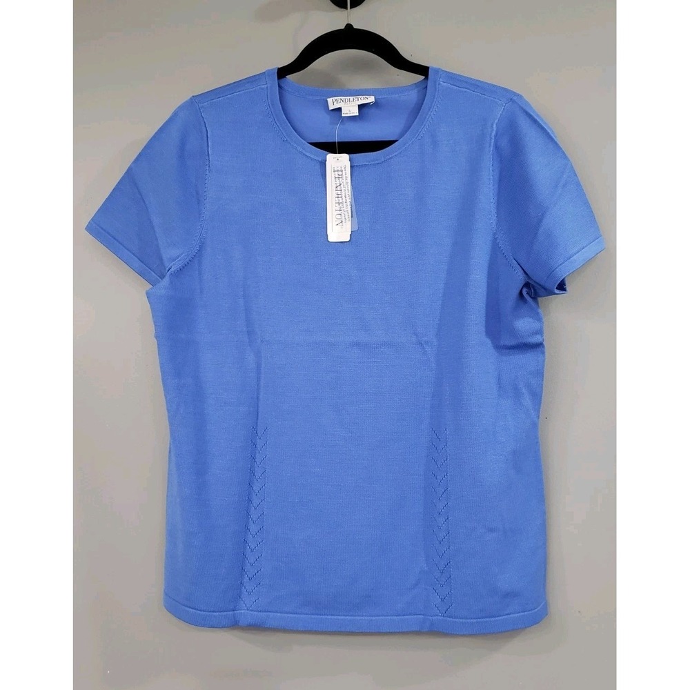 NEW BLUE $78 LARGE PETITE Pendleton Silk Blend Knit Top Short Sleeve